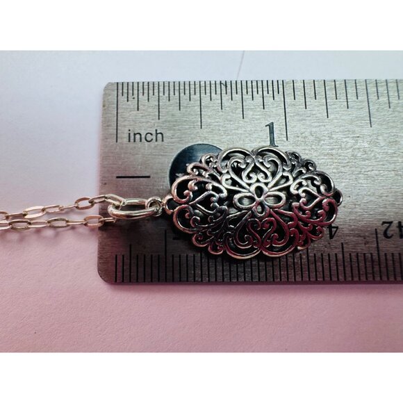 Estate Sterling Silver Filigree Pendant Necklace, 24” Oval Link Chain, Italy, 4. - Picture 7 of 13